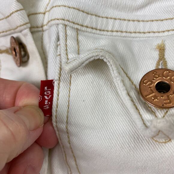 Vtg Levi’s Cropped Jean Jacket Womens Medium Beige Stretch Denim Trucker Y2K - Picture 6 of 16